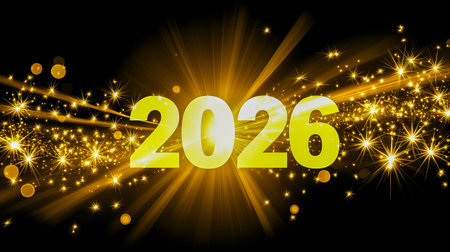 Fireworks burst around the glowing numbers 2026, creating a festive atmosphere against a black backdrop, symbolizing celebration and new beginningsの素材