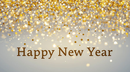 Glittery text saying Happy New Year stands out against a shimmering golden bokeh background, creating a festive atmosphere for holiday celebrations and greetingsの素材