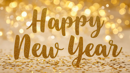 Glittery text saying Happy New Year stands out against a shimmering golden bokeh background, creating a festive atmosphere for holiday celebrations and greetingsの素材