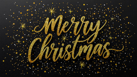 Gold glitter text reads Merry Christmas on a dark backdrop, surrounded by shimmering stars and decorative dots, evoking a festive and celebratory moodの素材