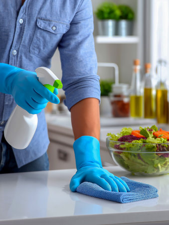 Individual in blue gloves is wiping down a kitchen countertop, with fresh vegetables and jars in the background, emphasizing cleanliness and healthy cooking practicesの素材