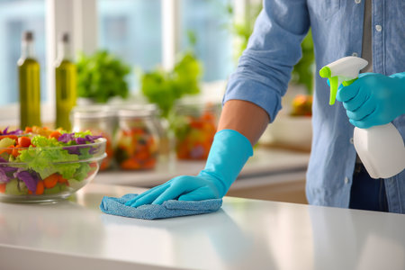 Individual in blue gloves is wiping down a kitchen countertop, with fresh vegetables and jars in the background, emphasizing cleanliness and healthy cooking practicesの素材