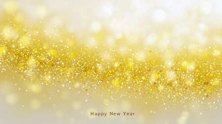 Glittery text saying Happy New Year stands out against a shimmering golden bokeh background, creating a festive atmosphere for holiday celebrations and greetingsの素材