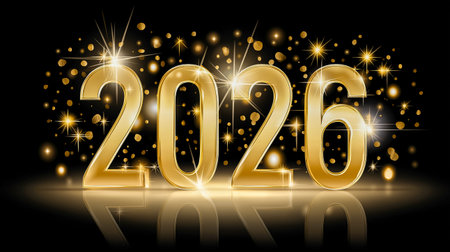 Fireworks burst around the glowing numbers 2026, creating a festive atmosphere against a black backdrop, symbolizing celebration and new beginningsの素材