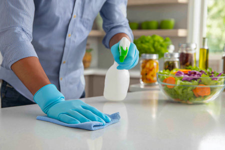 Individual in blue gloves is wiping down a kitchen countertop, with fresh vegetables and jars in the background, emphasizing cleanliness and healthy cooking practicesの素材
