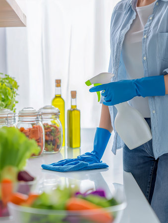 Individual in blue gloves is wiping down a kitchen countertop, with fresh vegetables and jars in the background, emphasizing cleanliness and healthy cooking practicesの素材
