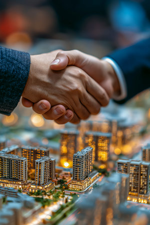 Hands of two individuals shaking over detailed architectural plans on a table, representing collaboration and partnership in construction and design projectsの素材