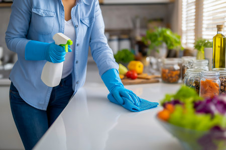 Individual in blue gloves is wiping down a kitchen countertop, with fresh vegetables and jars in the background, emphasizing cleanliness and healthy cooking practicesの素材