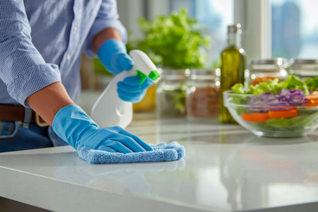 Individual in blue gloves is wiping down a kitchen countertop, with fresh vegetables and jars in the background, emphasizing cleanliness and healthy cooking practicesの素材