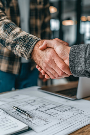 Hands of two individuals shaking over detailed architectural plans on a table, representing collaboration and partnership in construction and design projectsの素材