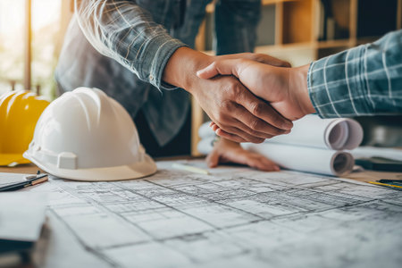 Hands of two individuals shaking over detailed architectural plans on a table, representing collaboration and partnership in construction and design projectsの素材