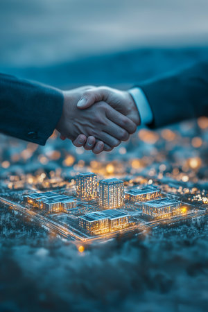 Hands of two individuals shaking over detailed architectural plans on a table, representing collaboration and partnership in construction and design projectsの素材