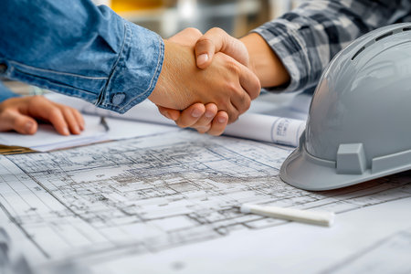 Hands of two individuals shaking over detailed architectural plans on a table, representing collaboration and partnership in construction and design projectsの素材