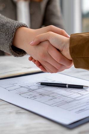 Hands of two individuals shaking over detailed architectural plans on a table, representing collaboration and partnership in construction and design projectsの素材