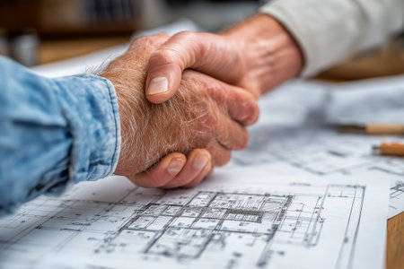 Hands of two individuals shaking over detailed architectural plans on a table, representing collaboration and partnership in construction and design projectsの素材