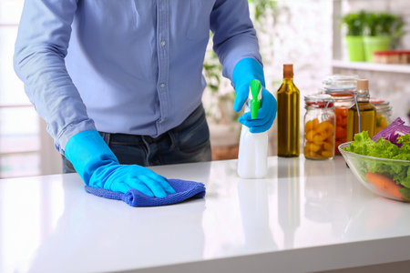 Individual in blue gloves is wiping down a kitchen countertop, with fresh vegetables and jars in the background, emphasizing cleanliness and healthy cooking practicesの素材