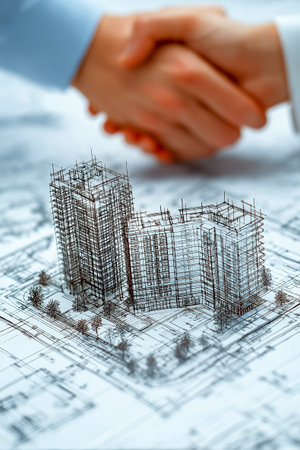 Hands of two individuals shaking over detailed architectural plans on a table, representing collaboration and partnership in construction and design projectsの素材