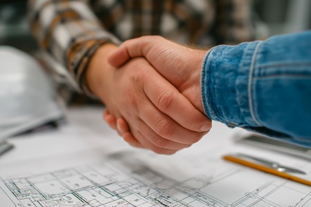 Hands of two individuals shaking over detailed architectural plans on a table, representing collaboration and partnership in construction and design projectsの素材