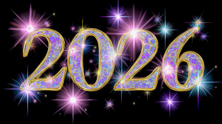 Fireworks burst around the glowing numbers 2026, creating a festive atmosphere against a black backdrop, symbolizing celebration and new beginningsの素材