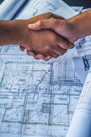 Hands of two individuals shaking over detailed architectural plans on a table, representing collaboration and partnership in construction and design projectsの素材