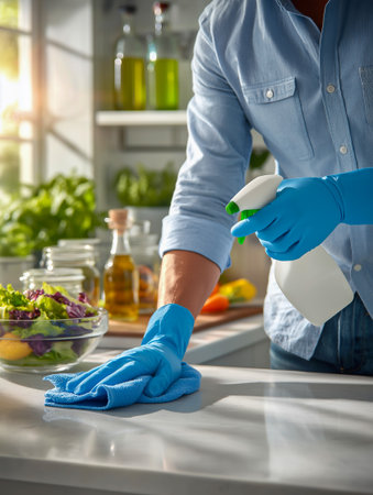 Individual in blue gloves is wiping down a kitchen countertop, with fresh vegetables and jars in the background, emphasizing cleanliness and healthy cooking practicesの素材