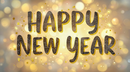 Glittery text saying Happy New Year stands out against a shimmering golden bokeh background, creating a festive atmosphere for holiday celebrations and greetingsの素材