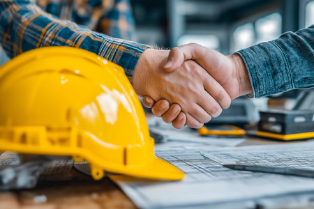 Hands of two individuals shaking over detailed architectural plans on a table, representing collaboration and partnership in construction and design projectsの素材