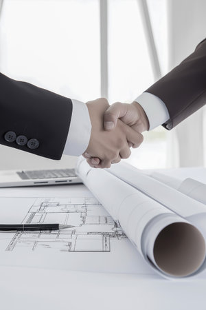 Hands of two individuals shaking over detailed architectural plans on a table, representing collaboration and partnership in construction and design projectsの素材