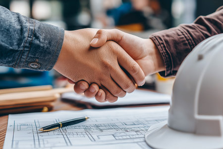 Hands of two individuals shaking over detailed architectural plans on a table, representing collaboration and partnership in construction and design projectsの素材