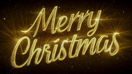 Gold glitter text reads Merry Christmas on a dark backdrop, surrounded by shimmering stars and decorative dots, evoking a festive and celebratory moodの素材
