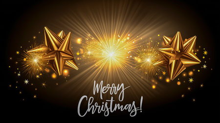 Gold glitter text reads Merry Christmas on a dark backdrop, surrounded by shimmering stars and decorative dots, evoking a festive and celebratory moodの素材
