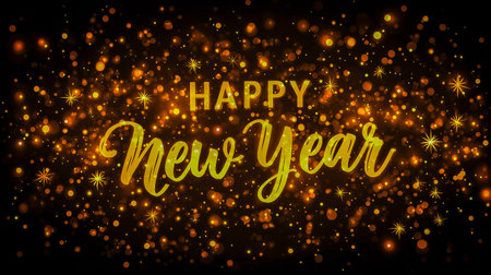 Glittery text saying Happy New Year stands out against a shimmering golden bokeh background, creating a festive atmosphere for holiday celebrations and greetingsの素材