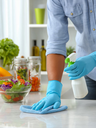 Individual in blue gloves is wiping down a kitchen countertop, with fresh vegetables and jars in the background, emphasizing cleanliness and healthy cooking practicesの素材