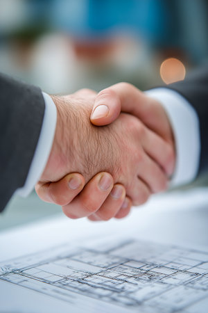 Hands of two individuals shaking over detailed architectural plans on a table, representing collaboration and partnership in construction and design projectsの素材
