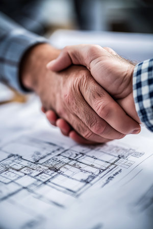 Hands of two individuals shaking over detailed architectural plans on a table, representing collaboration and partnership in construction and design projectsの素材