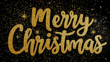 Gold glitter text reads Merry Christmas on a dark backdrop, surrounded by shimmering stars and decorative dots, evoking a festive and celebratory moodの素材