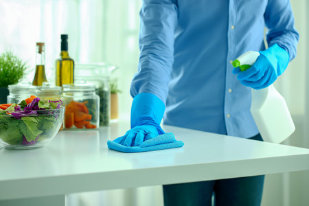 Individual in blue gloves is wiping down a kitchen countertop, with fresh vegetables and jars in the background, emphasizing cleanliness and healthy cooking practicesの素材
