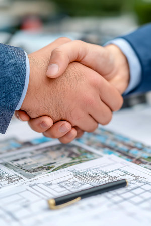 Hands of two individuals shaking over detailed architectural plans on a table, representing collaboration and partnership in construction and design projectsの素材