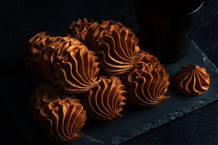 Coffee zephyr dessert displayed on a dark slate surface, highlighting its unique shape and texture, creating an inviting atmosphere for food enthusiasts and photographersの写真素材
