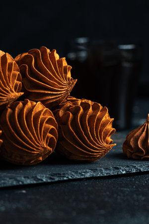 Coffee zephyr dessert displayed on a dark slate surface, highlighting its unique swirls and textures, creating an inviting and elegant ambiance for food photographyの写真素材