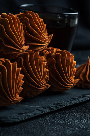 Coffee Zephyr features beautifully crafted chocolate swirls on a dark slate surface, paired with a...