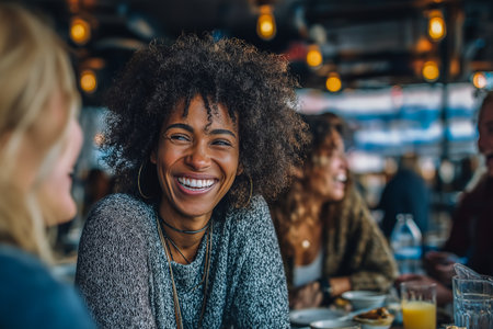 Group of diverse friends enjoying coffee together in a cozy cafe, sharing laughter and conversation, creating a warm and inviting atmosphere of friendship and connectionの素材