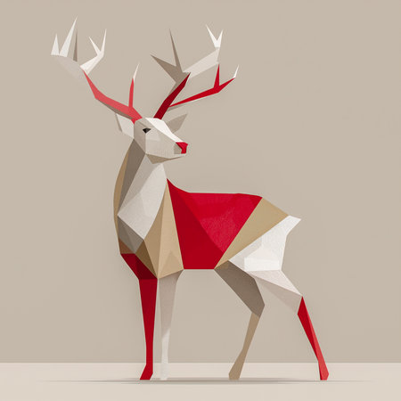 Colorful patterned deer illustration featuring intricate designs in red and beige, showing artistic creativity and whimsical charm in a playful styleの素材