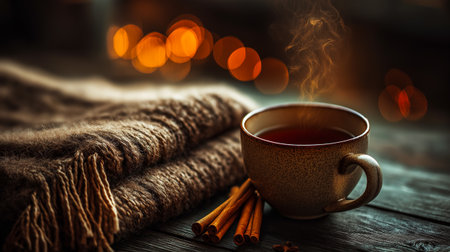 Warm cup of spiced beverage on wooden tray with cinnamon sticks, cozy knitted blanket in soft focus, creating a comforting atmosphere for winter relaxation and enjoymentの素材