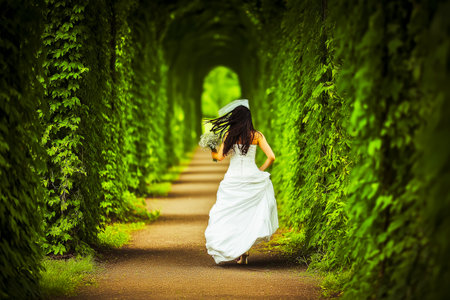 Bride in elegant white gown, joyfully running outdoors, holding bouquet of pastel flowers, with flowing hair and soft sunlight creating a romantic atmosphere of celebration and happinessの素材
