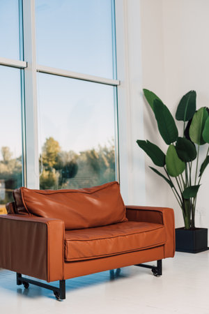 Red leather sofa stands in the office near the window. High quality photoの写真素材