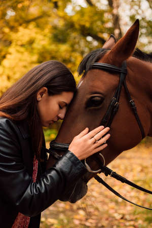 Beautiful girl in the autumn in the forest with a brown horseの写真素材