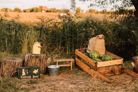 Watermelons and a bag lie in a wooden cartの写真素材