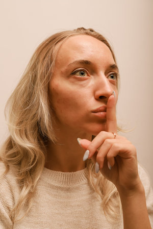 A young woman covering her mouth with her finger calls for silenceの写真素材