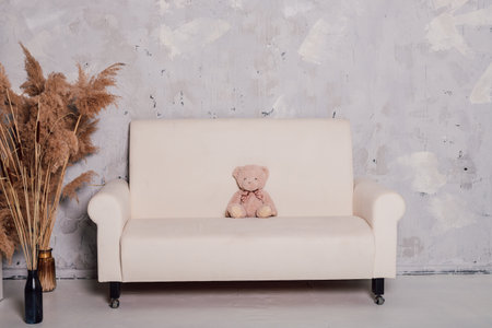 Teddy bear sits on a beautiful white sofaの写真素材
